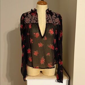 Free People Black Blouse with Red Floral Design. Worn one time